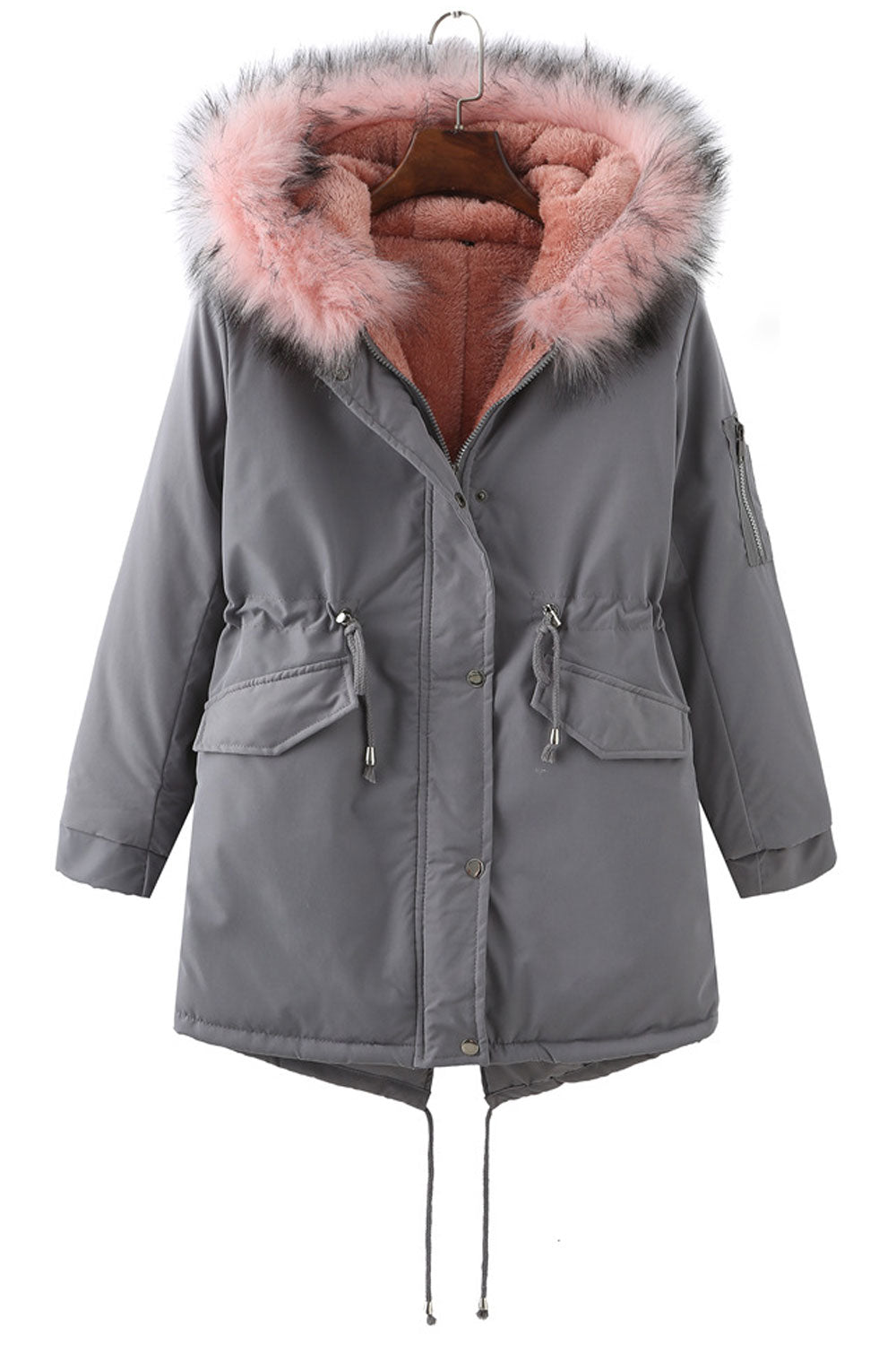 Women Effective Floccose Hooded Neck Stretchable Cuff Buttoned Fastener Drawstring Waist Flap Pocket Loose Comfy Winter Padded J