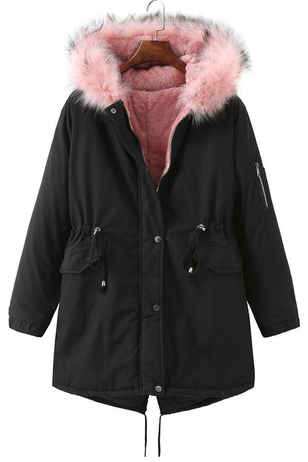 Women Effective Floccose Hooded Neck Stretchable Cuff Buttoned Fastener Drawstring Waist Flap Pocket Loose Comfy Winter Padded J