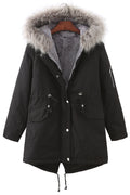 Women Effective Floccose Hooded Neck Stretchable Cuff Buttoned Fastener Drawstring Waist Flap Pocket Loose Comfy Winter Padded J