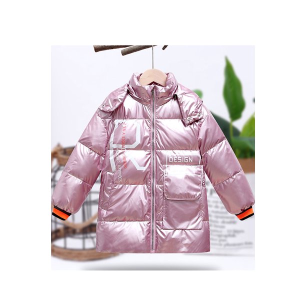 Kids Girls Shiny Solid Colored Thick Wind Breaker Long Sleeve Hood Neck Padded Jacket