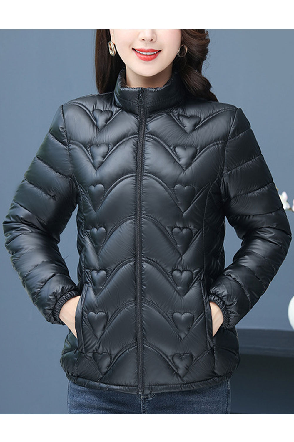 Women Decent Stand Up Collar Neck Stretchable Cuff Slash Pocket & Front Zip Closure Body Fit Warm Winter Padded Jacket