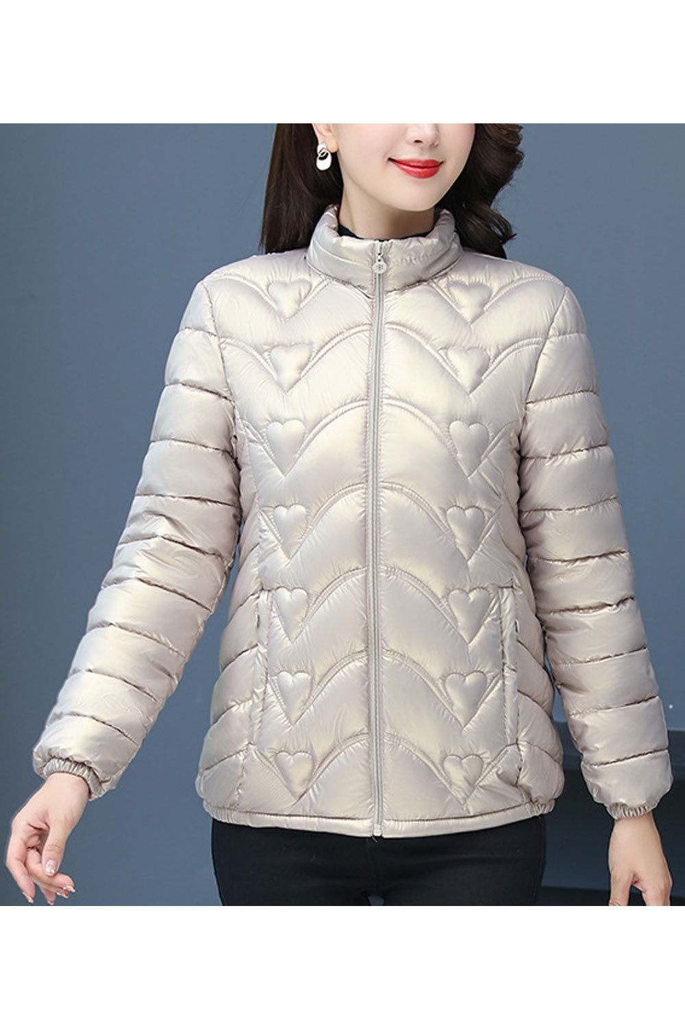 Women Decent Stand Up Collar Neck Stretchable Cuff Slash Pocket & Front Zip Closure Body Fit Warm Winter Padded Jacket