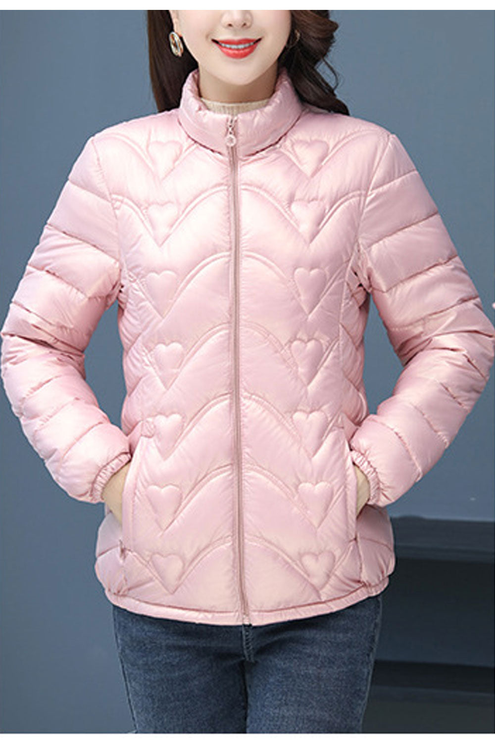 Women Decent Stand Up Collar Neck Stretchable Cuff Slash Pocket & Front Zip Closure Body Fit Warm Winter Padded Jacket