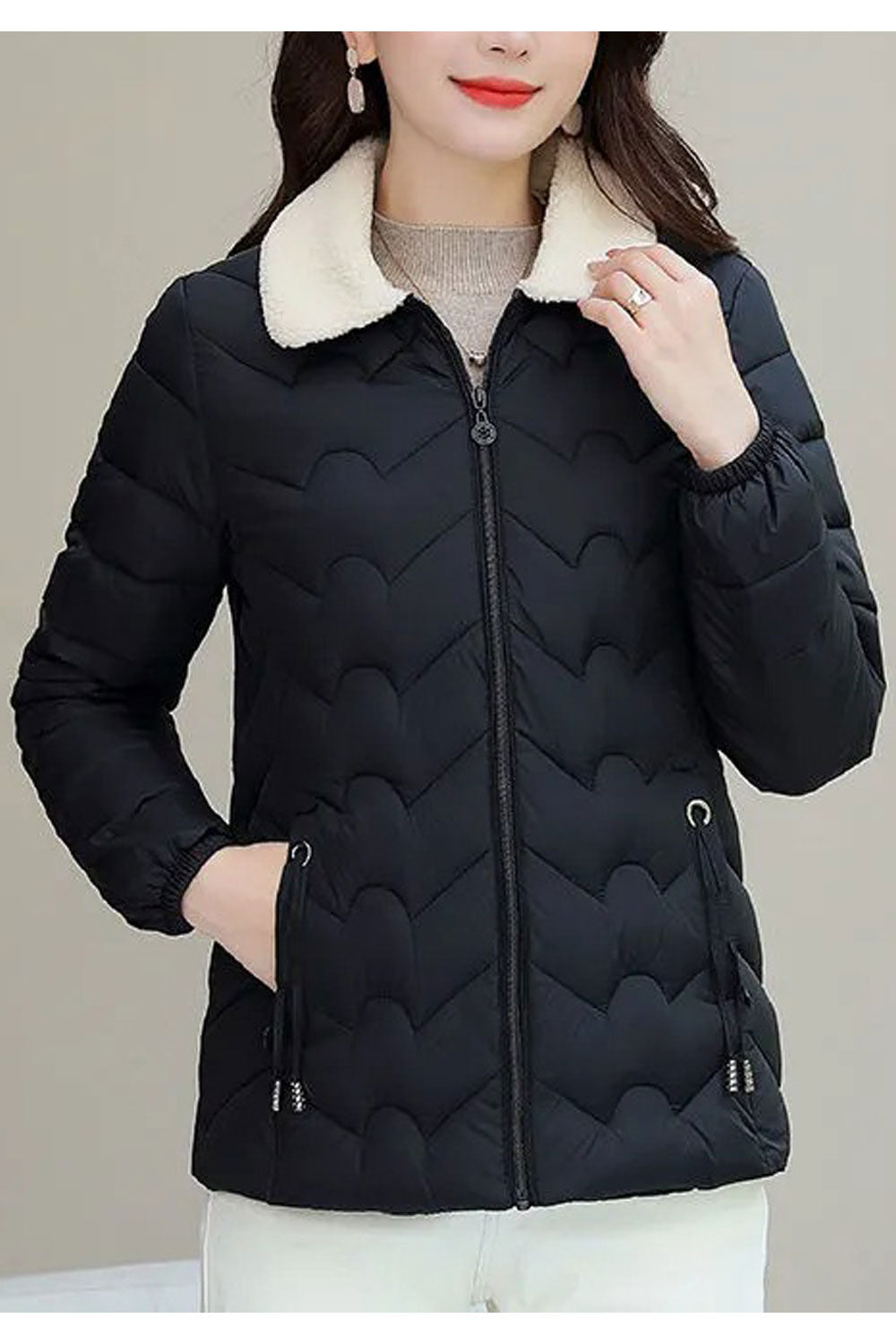Women Charming Baffle Styled Jacket Contrast Collar Neck Stretchable Cuff Drawstring Pocket & Front Zip Fastener Soft Winter Pad