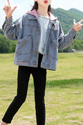 Kids Girls Elegant Front Pockets Soft Material Hood Comfy Denim Winter Jacket