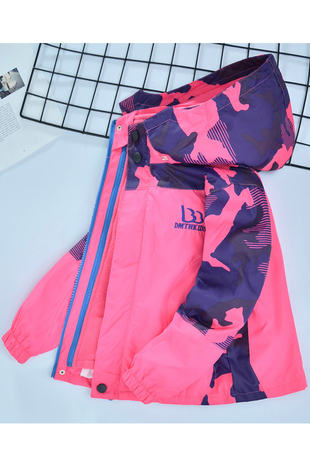 Kid Girl Camouflage Printed Hooded Neck Front Zippered Ribbed Cuff Inner Fleece Winter Jacket