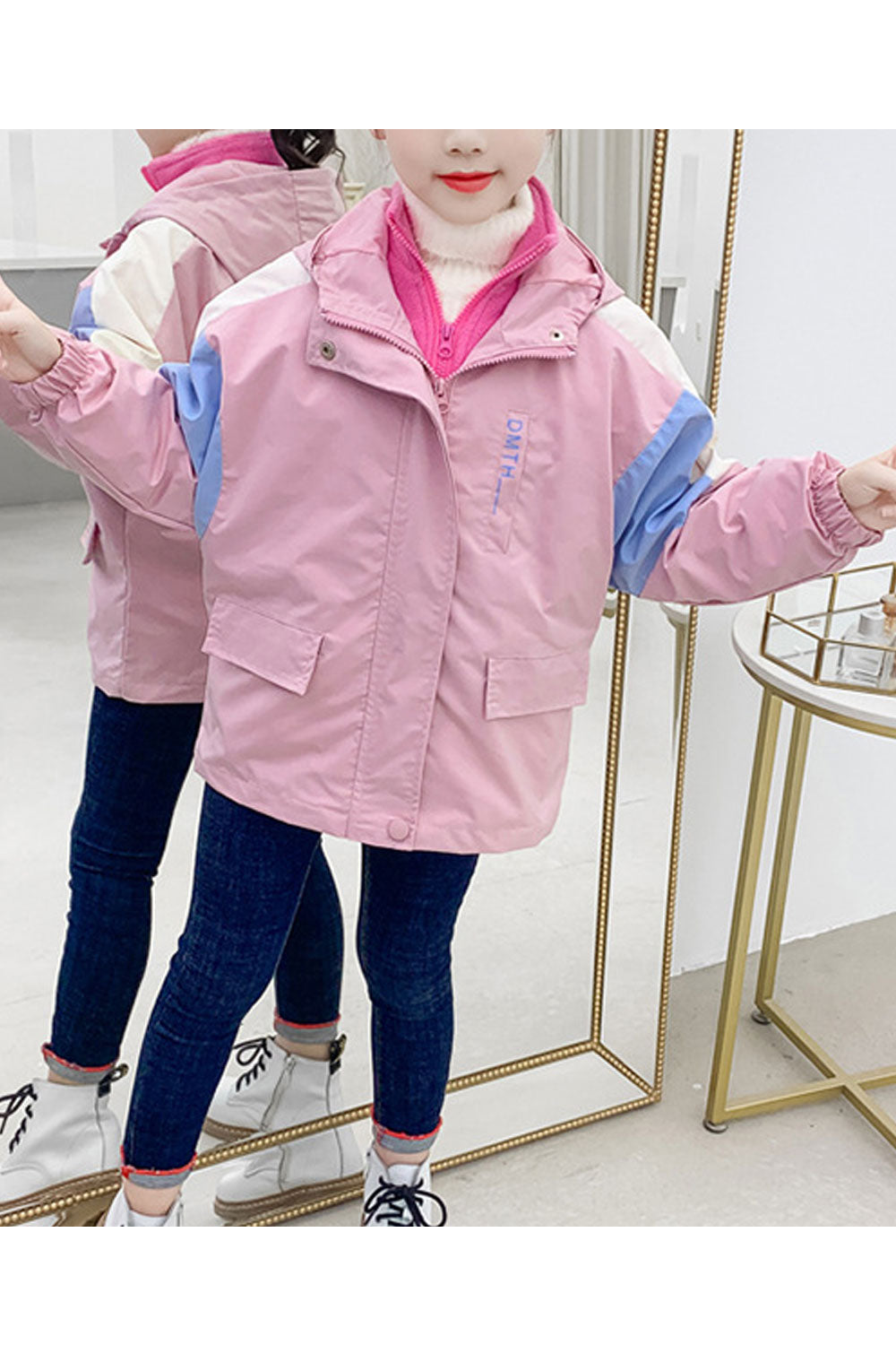 Kid Girl Dazzling Hooded Neck Front Zippered Ribbed Cuff & Safari Pockets Winter Jacket.
