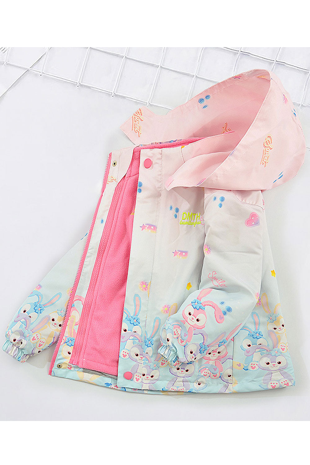 Kid Girl Cartoon Printed Hooded Neck Front Zippered Slash Pocket & Ribbed Cuff Winter Jacket.