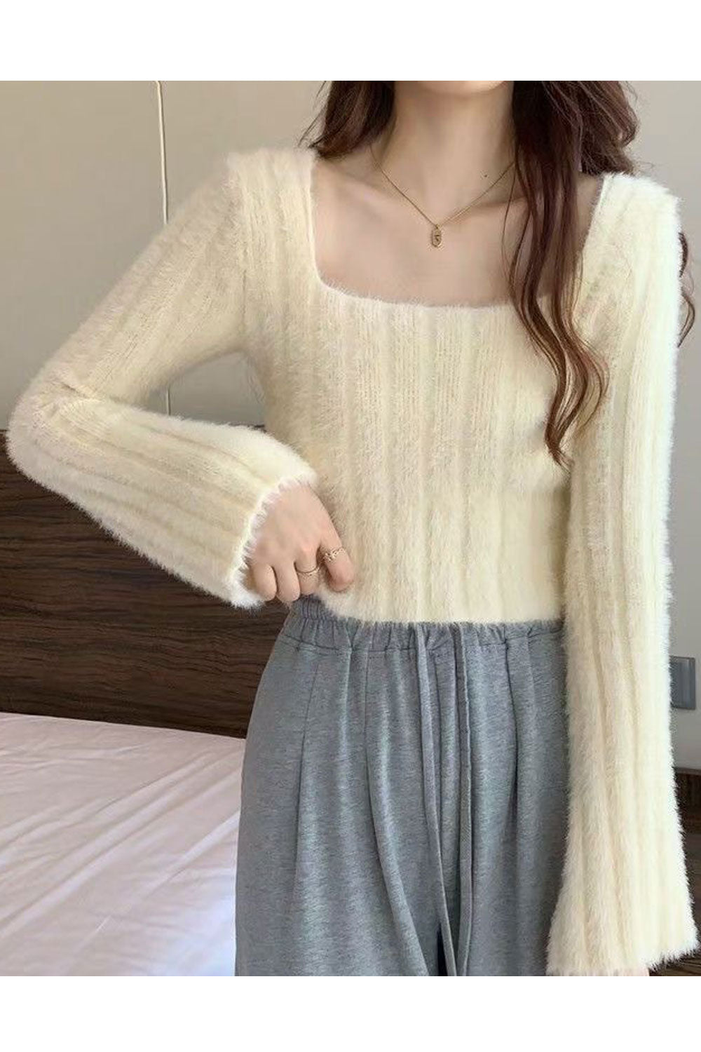 Women Mohair Square Neck & Trumpet Long Sleeves Short Length Winter Sweater