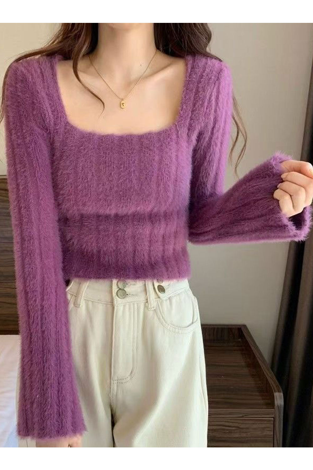 Women Mohair Square Neck & Trumpet Long Sleeves Short Length Winter Sweater