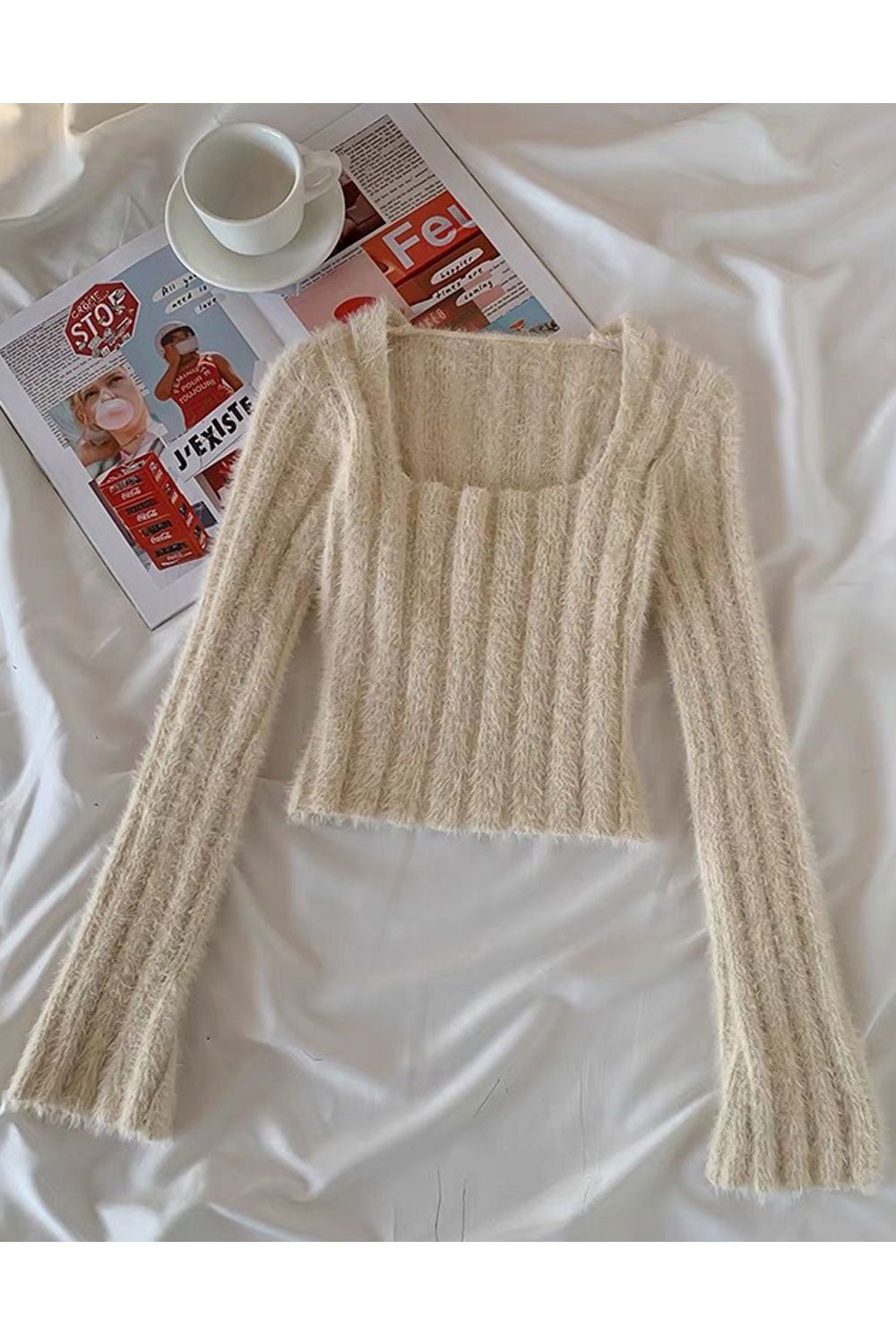 Women Mohair Square Neck & Trumpet Long Sleeves Short Length Winter Sweater