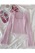 Women Mohair Square Neck & Trumpet Long Sleeves Short Length Winter Sweater
