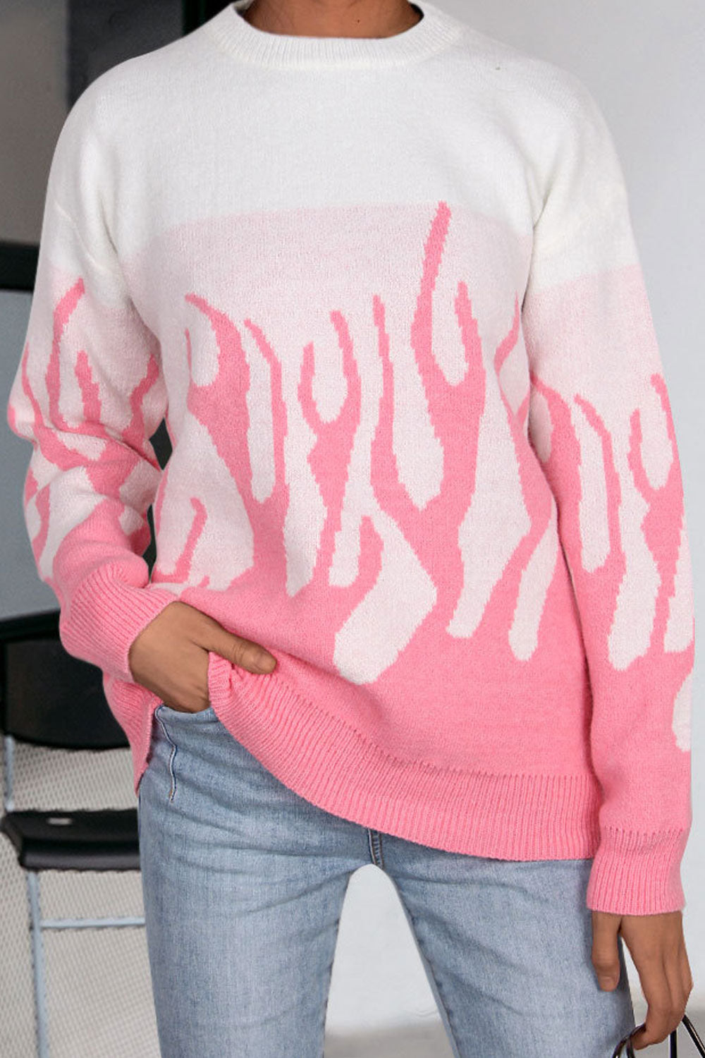 Women Incredible Flame Printed Round Neck Comfy Knitted Winter Sweater