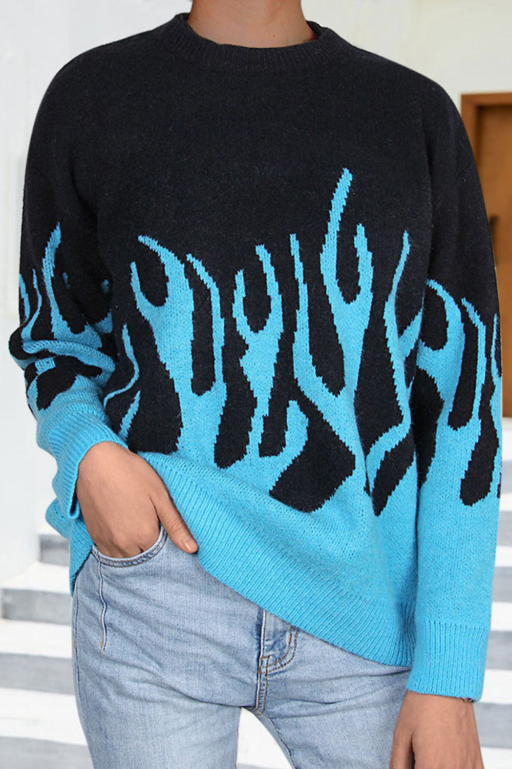 Women Incredible Flame Printed Round Neck Comfy Knitted Winter Sweater