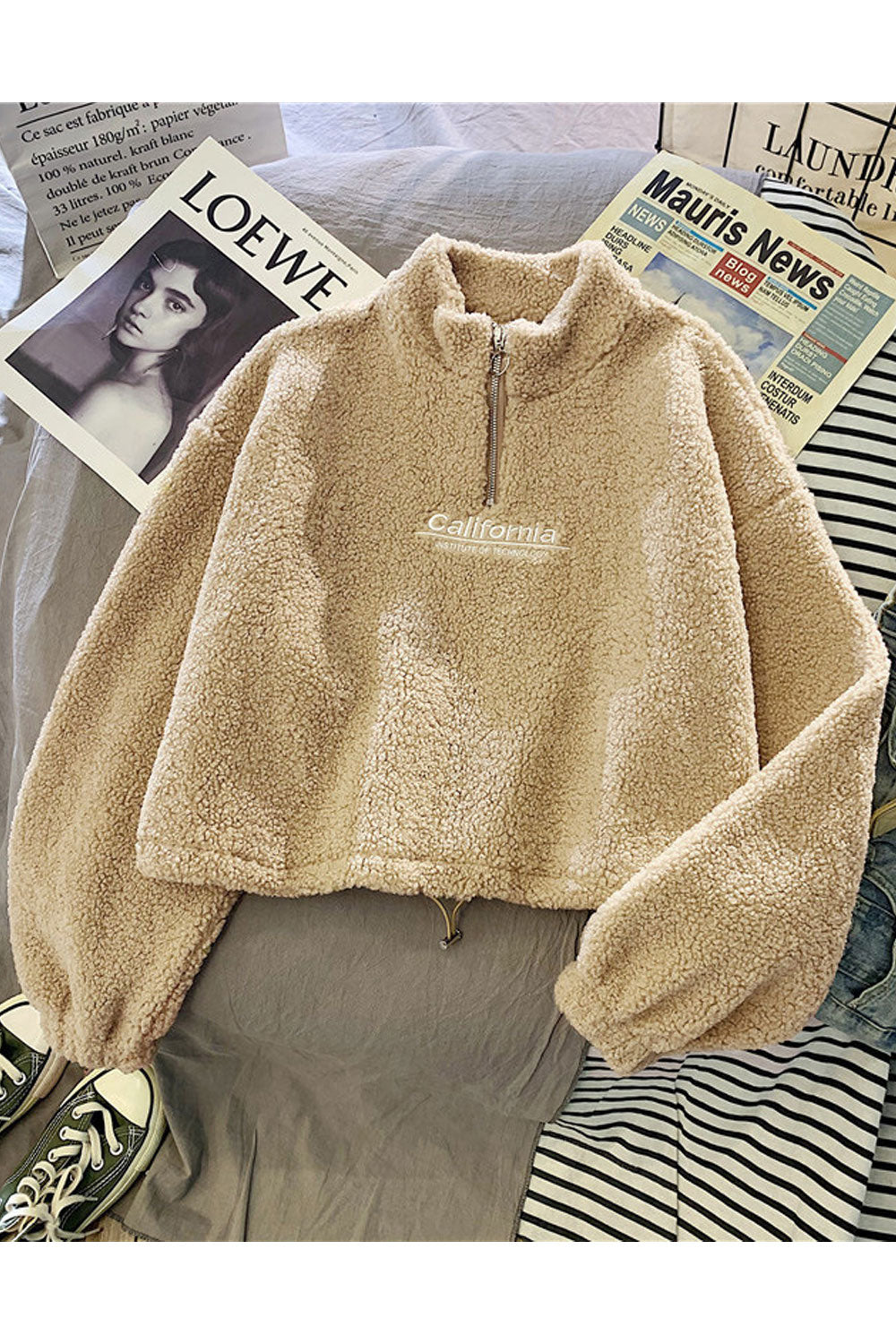 Women Pacifying Soft & Warm Zipper Neckline Letter Pattern Knitted Winter Sweater