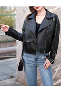 Women Solid Pattern Elegant Collar Neck Zip Style Sleeve Winter Fashionic Leather Jacket