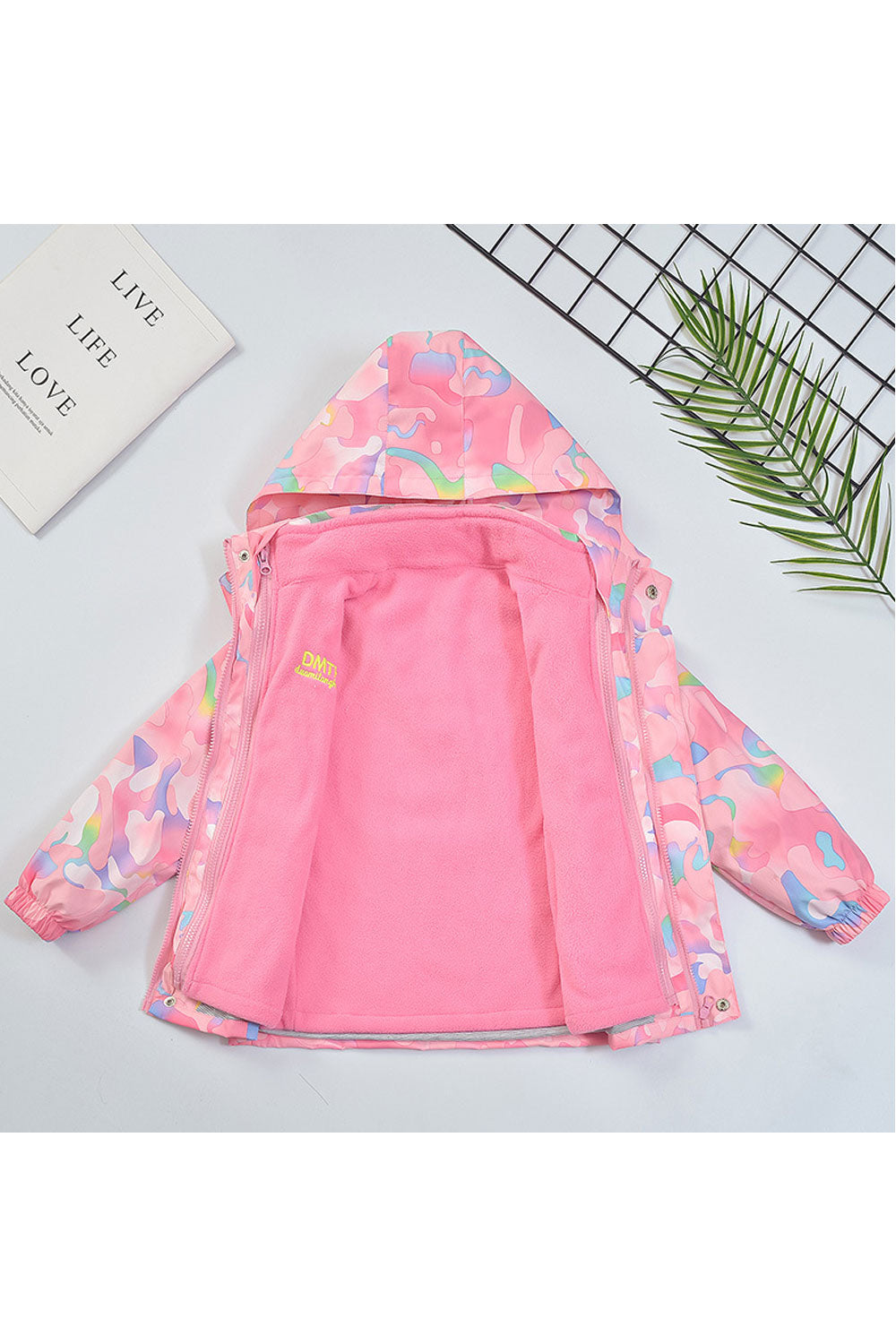 Kid Girl Texture Printed Hooded Neck Ribbed Cuff & Woolen Linen Winter Jacket