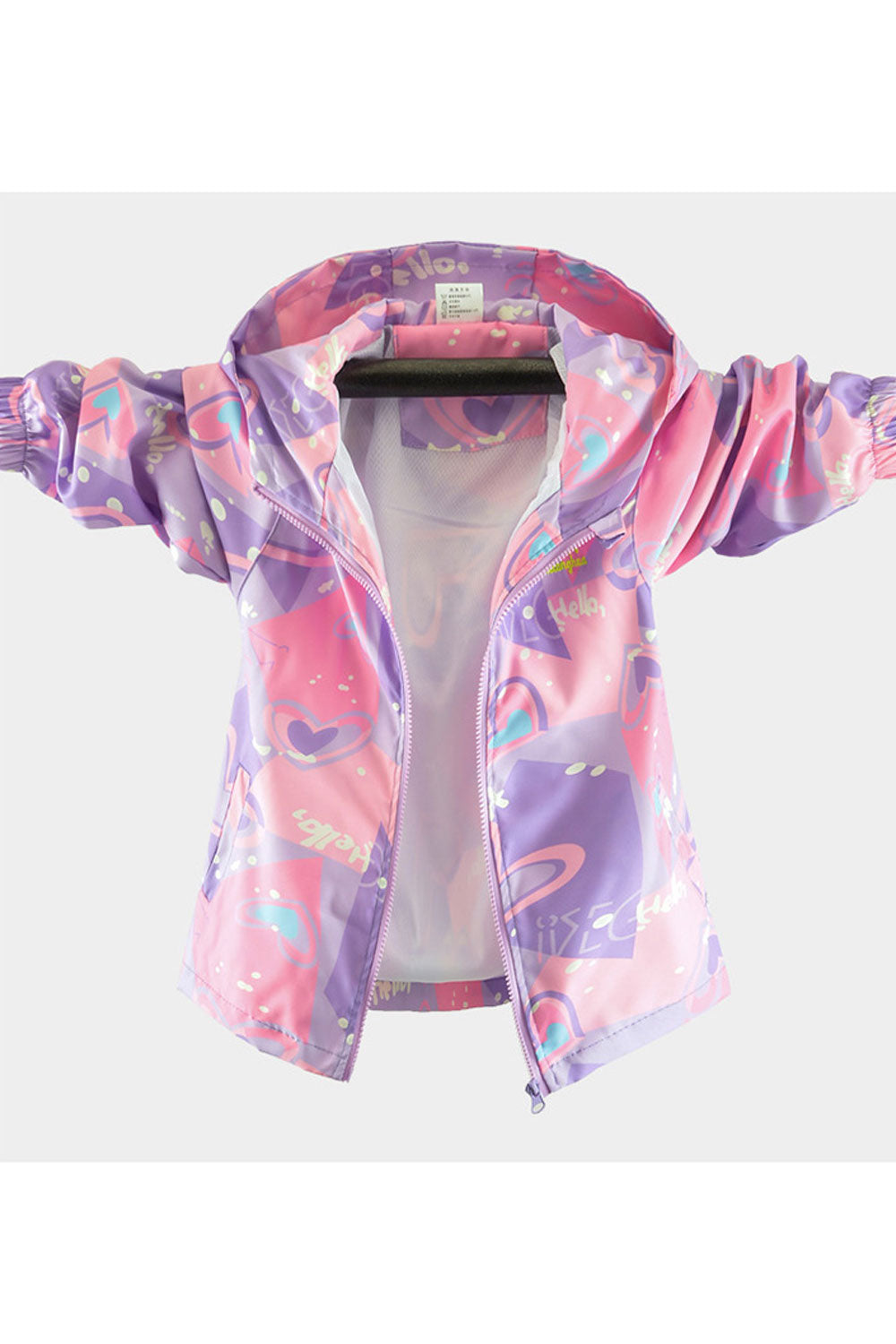 Kid Girl Heart Printed Hooded Neck Ribbed Cuff & Slash Pocket Winter Jacket