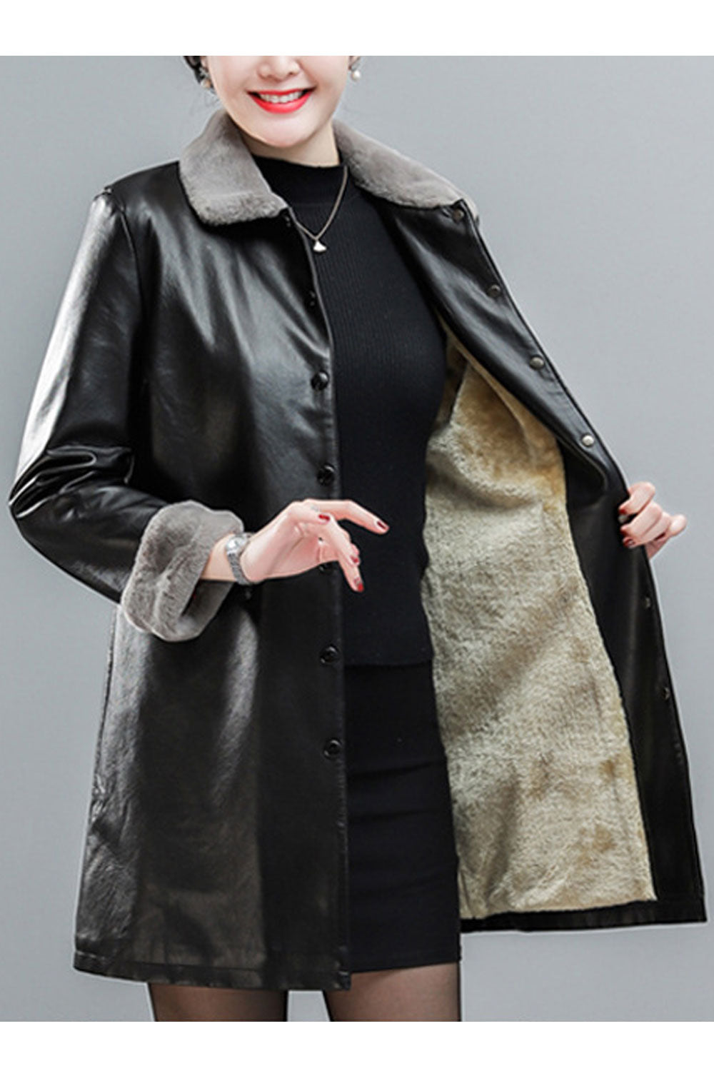 Women Amazing Collar Neck & Cuff Flap Pockets Easy Button Closure Winter Fashionable Leather Jacket