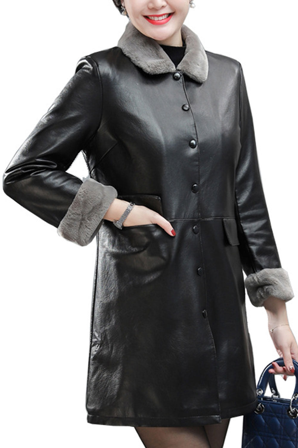 Women Amazing Collar Neck & Cuff Flap Pockets Easy Button Closure Winter Fashionable Leather Jacket