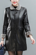 Women Amazing Collar Neck & Cuff Flap Pockets Easy Button Closure Winter Fashionable Leather Jacket
