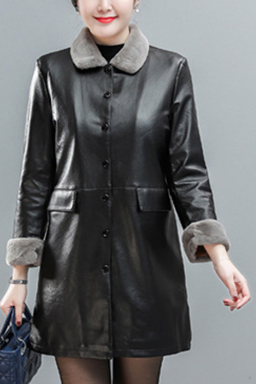 Women Amazing Collar Neck & Cuff Flap Pockets Easy Button Closure Winter Fashionable Leather Jacket