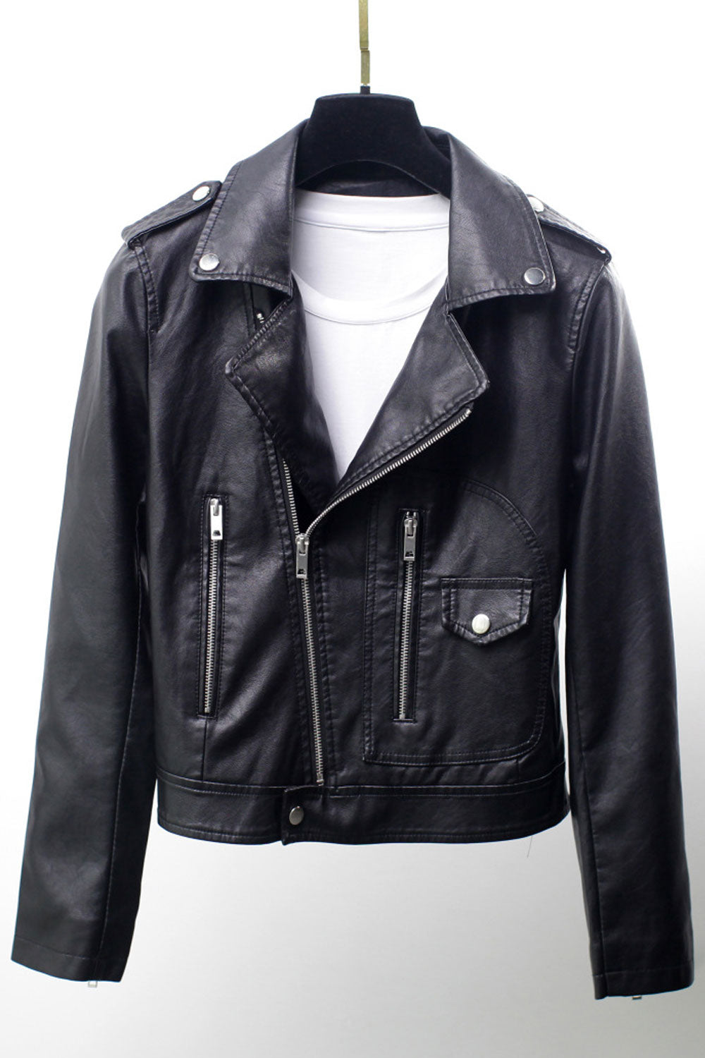 Women Fascinating Cross Zip Closure Lapel Collar Zippered Cuff Dilute Winter Leather Jacket