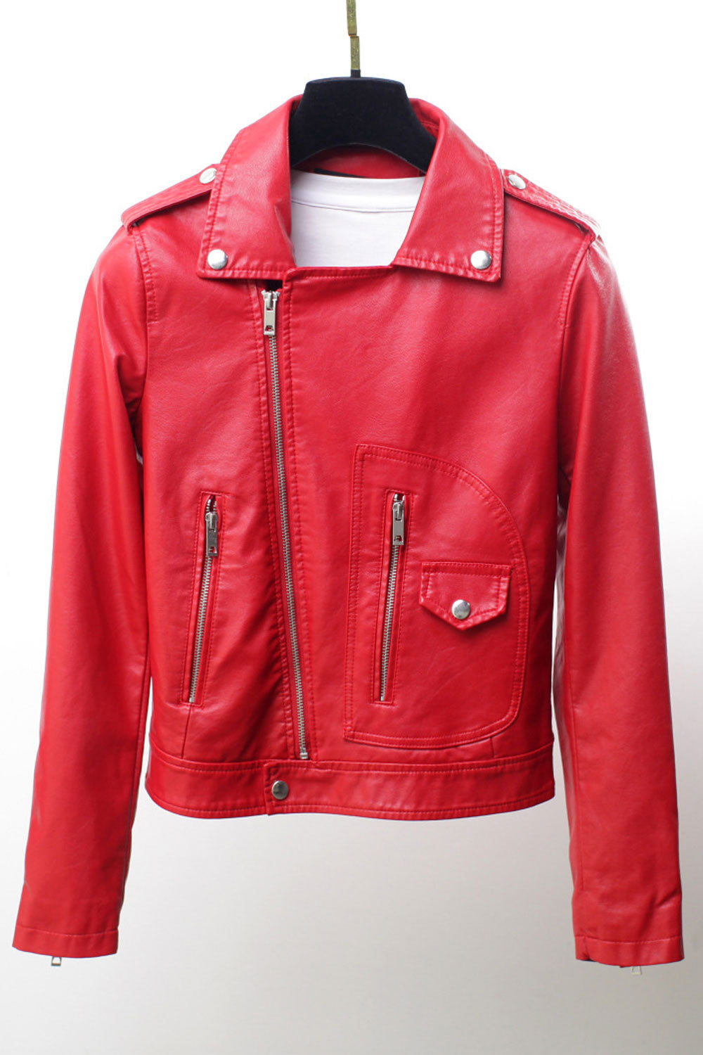 Women Fascinating Cross Zip Closure Lapel Collar Zippered Cuff Dilute Winter Leather Jacket