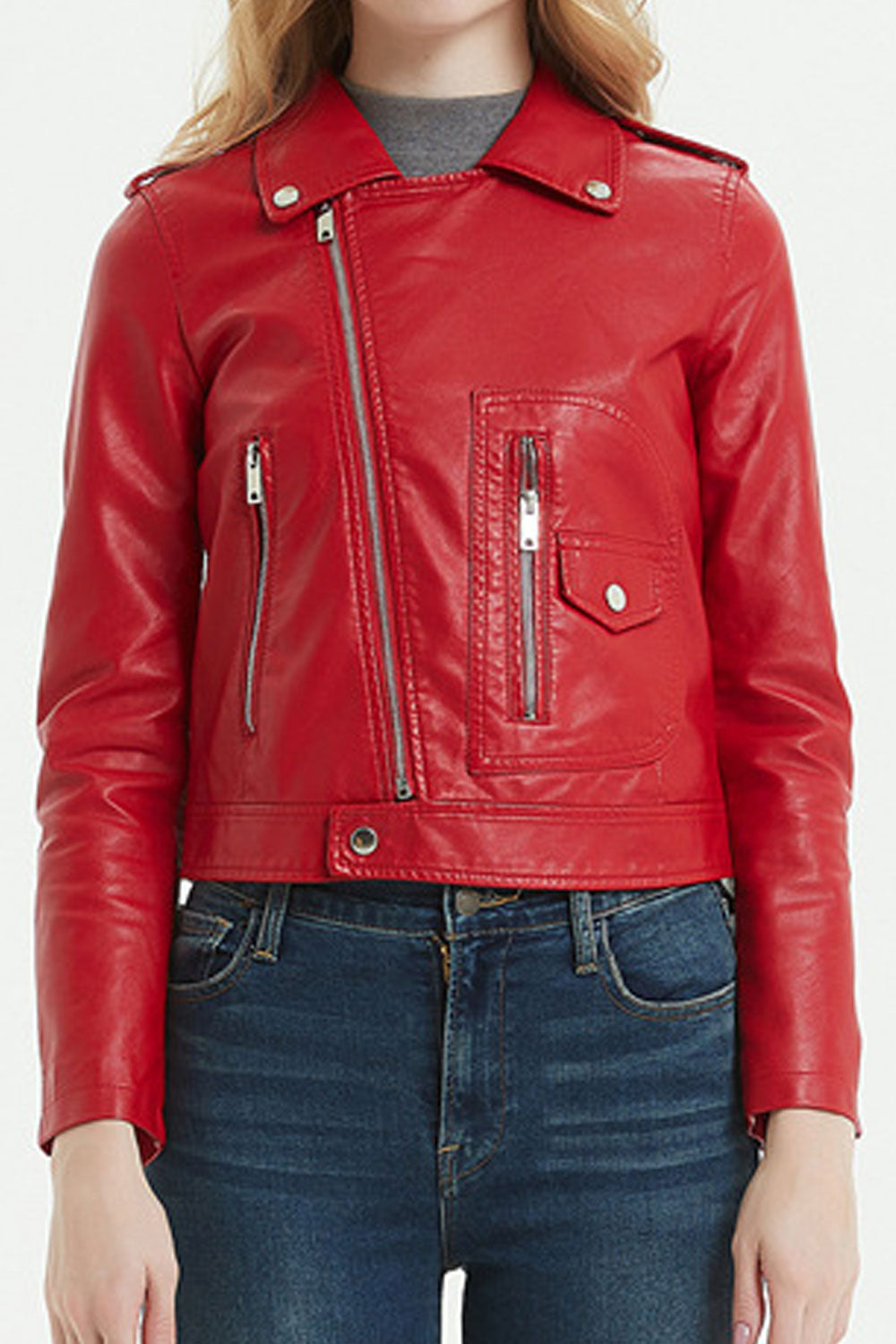 Women Fascinating Cross Zip Closure Lapel Collar Zippered Cuff Dilute Winter Leather Jacket