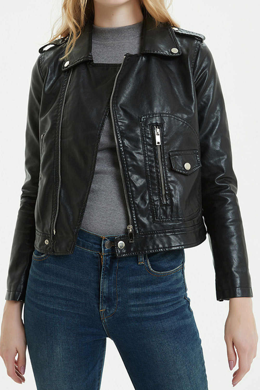 Women Fascinating Cross Zip Closure Lapel Collar Zippered Cuff Dilute Winter Leather Jacket