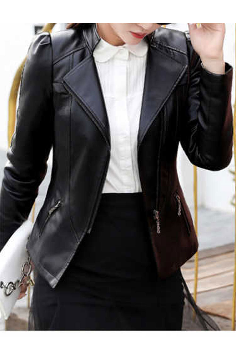 Women Super Model Styled Lapel Collar Side Zippered Pocket & Cross Zip Fastener Dilute Winter Leather Jacket