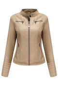 Women Lean Styled Stand Collar Neck Front Zippered Closure & Side Zip Pocket Soft Winter Leather Jacket