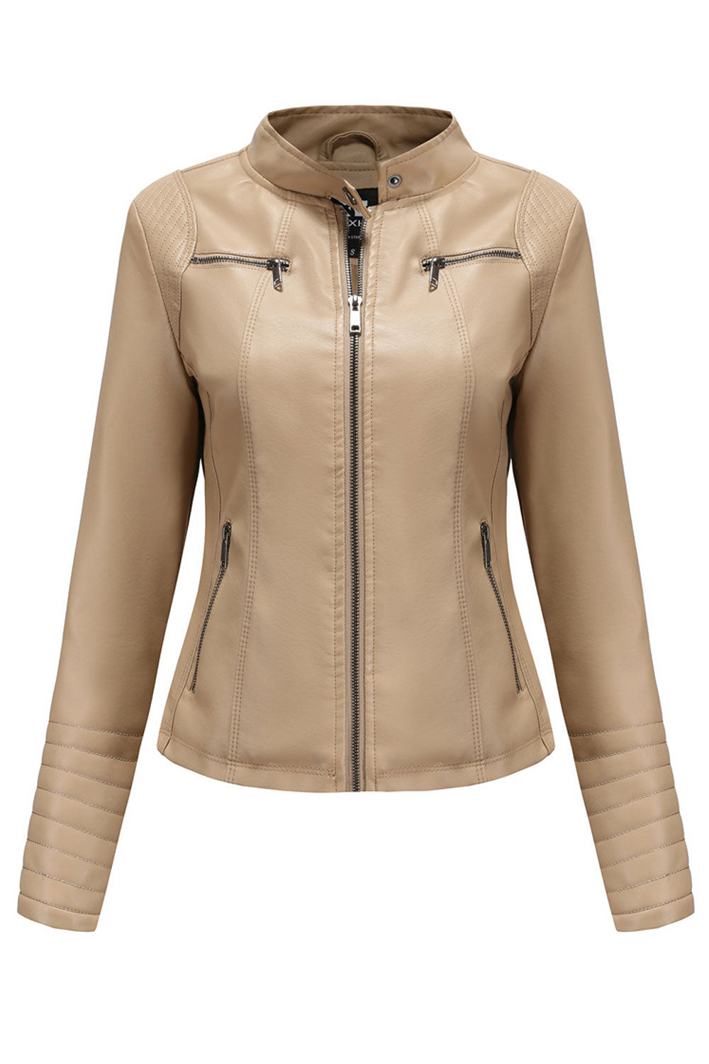 Women Lean Styled Stand Collar Neck Front Zippered Closure & Side Zip Pocket Soft Winter Leather Jacket