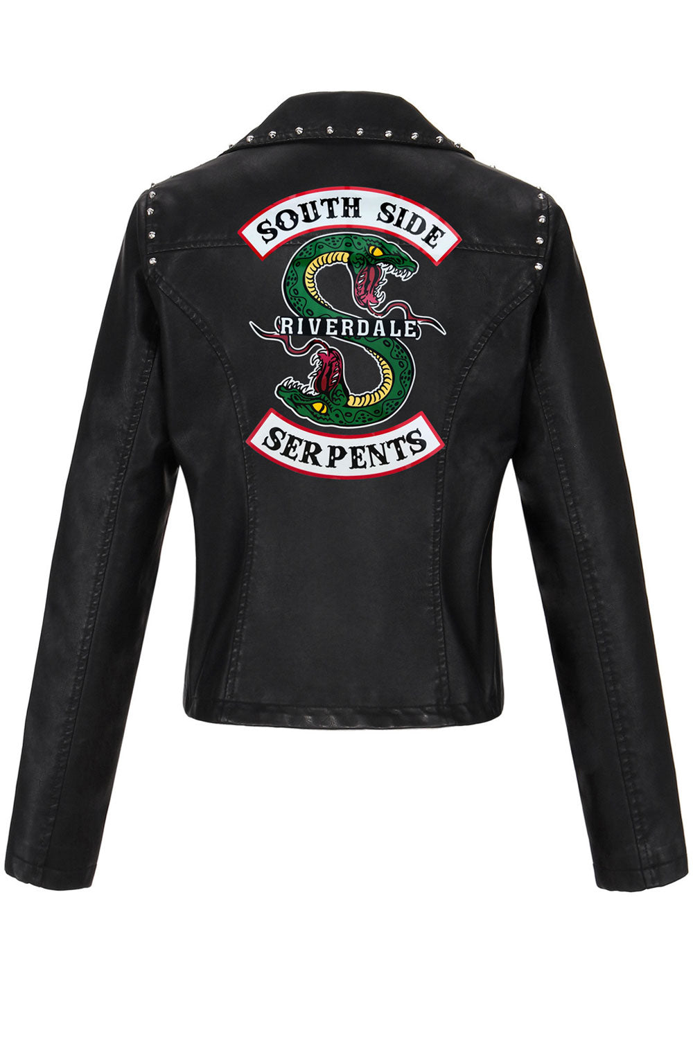 Women Fancy Beads Decorated Cross Zip Closure Backside Snake Printed Modern Leather Jacket