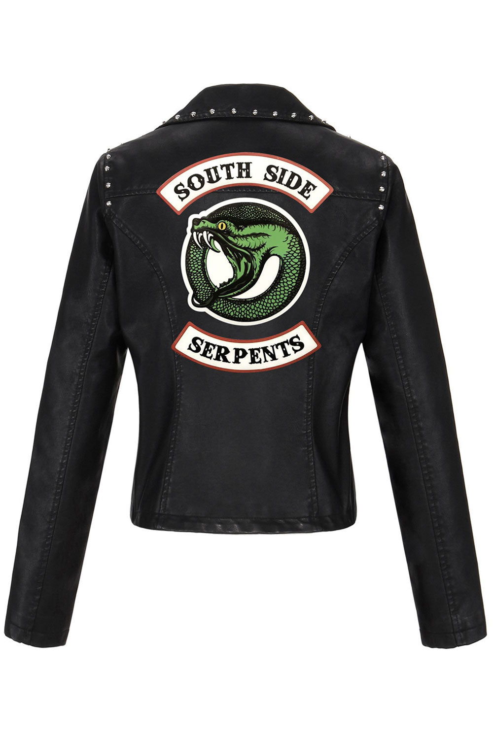 Women Fancy Beads Decorated Cross Zip Closure Backside Snake Printed Modern Leather Jacket
