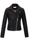Women Fancy Beads Decorated Cross Zip Closure Backside Snake Printed Modern Leather Jacket