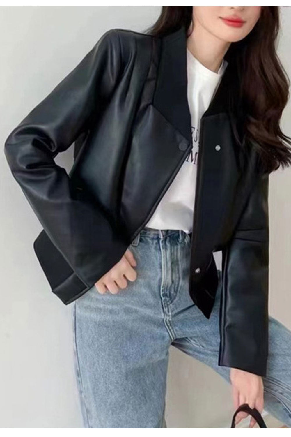 Women Simple Attractive Stand Collar Neck Two Buttoned Closure Side Pockets & Irregular Hem Smooth Winter Leather Jacket