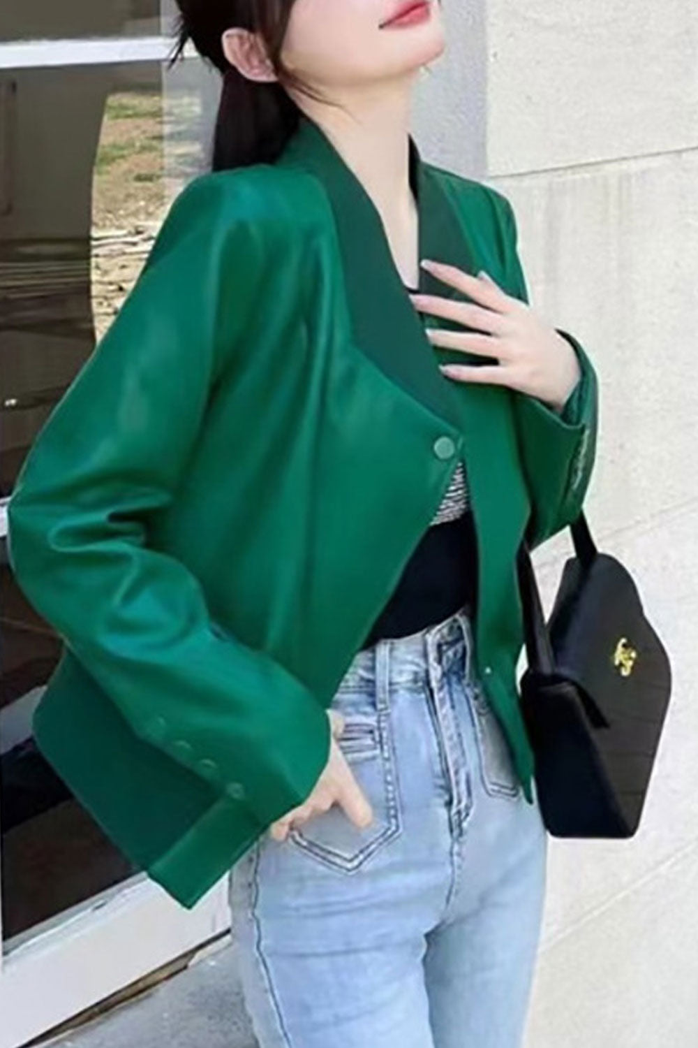 Women Simple Attractive Stand Collar Neck Two Buttoned Closure Side Pockets & Irregular Hem Smooth Winter Leather Jacket
