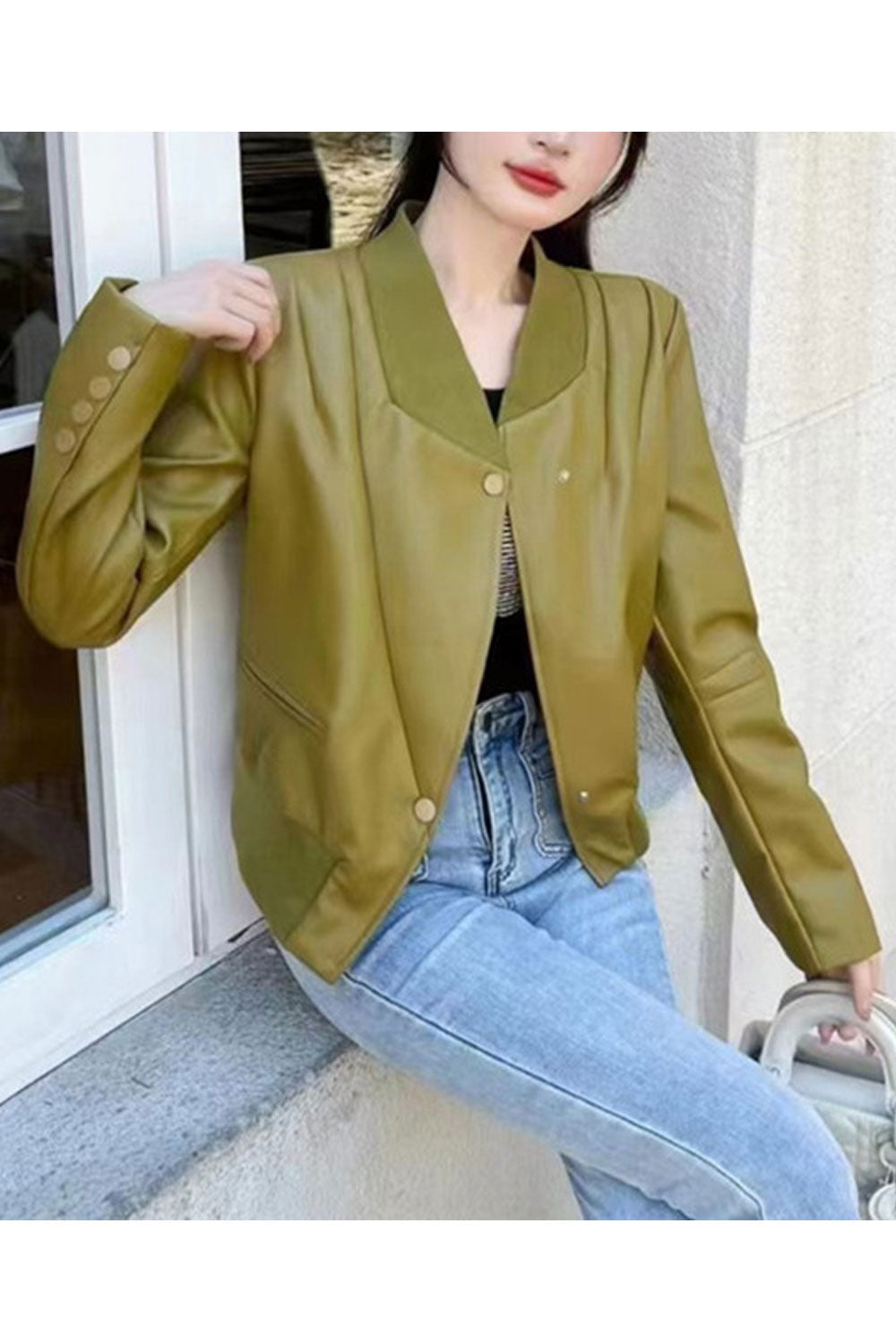 Women Simple Attractive Stand Collar Neck Two Buttoned Closure Side Pockets & Irregular Hem Smooth Winter Leather Jacket