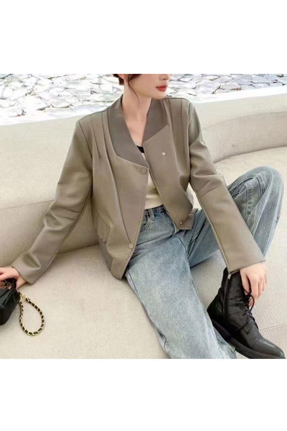 Women Simple Attractive Stand Collar Neck Two Buttoned Closure Side Pockets & Irregular Hem Smooth Winter Leather Jacket