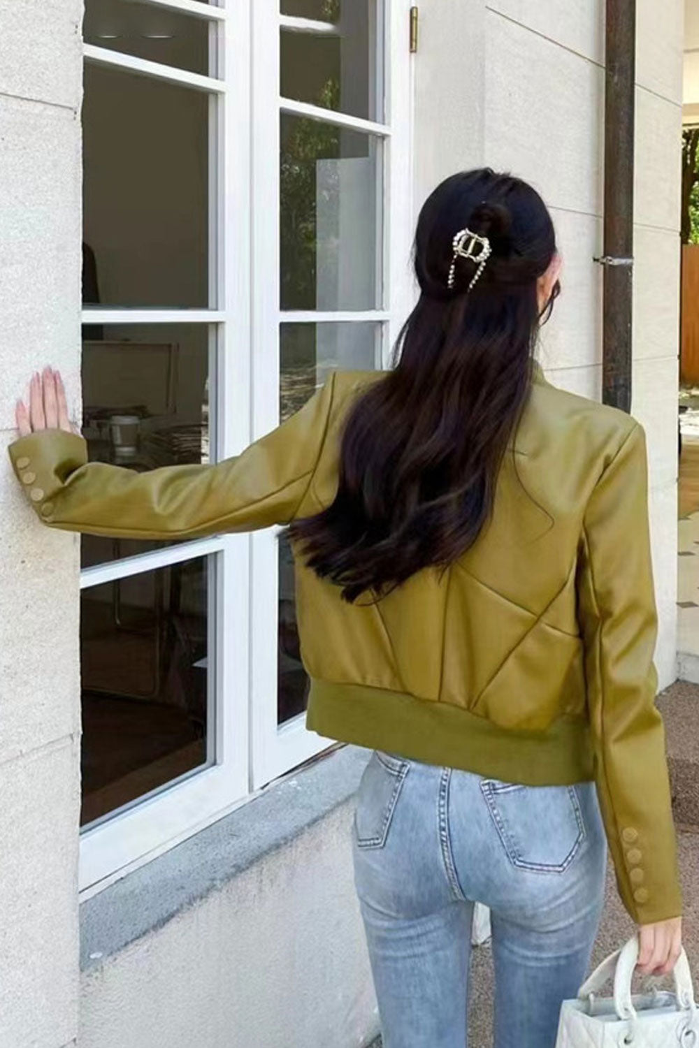 Women Simple Attractive Stand Collar Neck Two Buttoned Closure Side Pockets & Irregular Hem Smooth Winter Leather Jacket