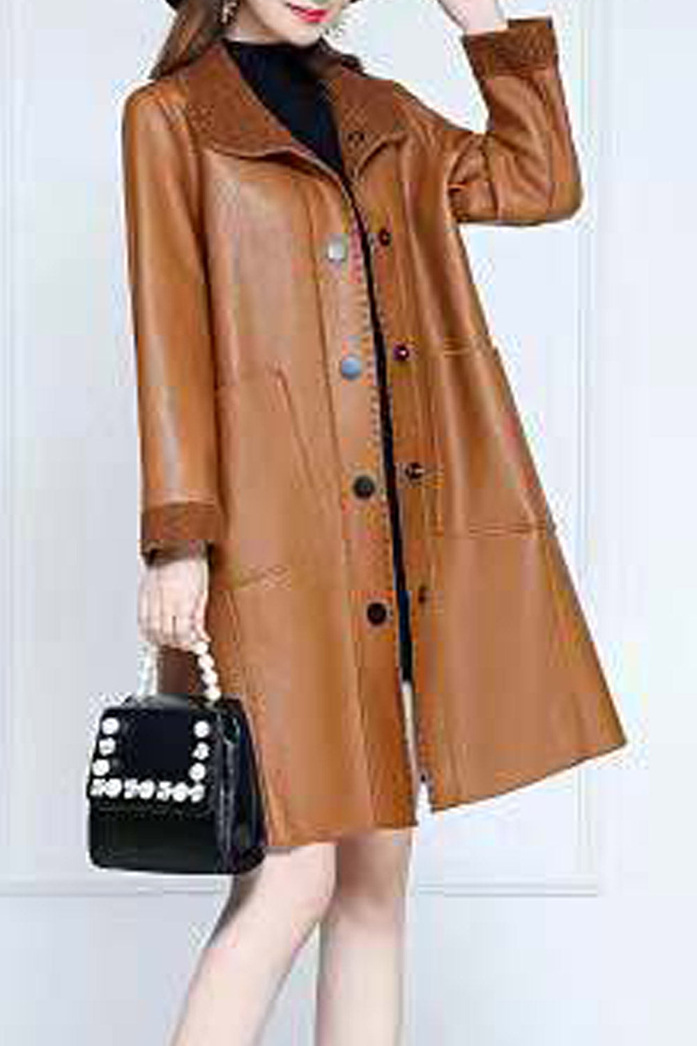 Women Long Fairy Style Collar Neck Buttoned Fastener & Patch Pocket Cozy Winter Leather Jacket
