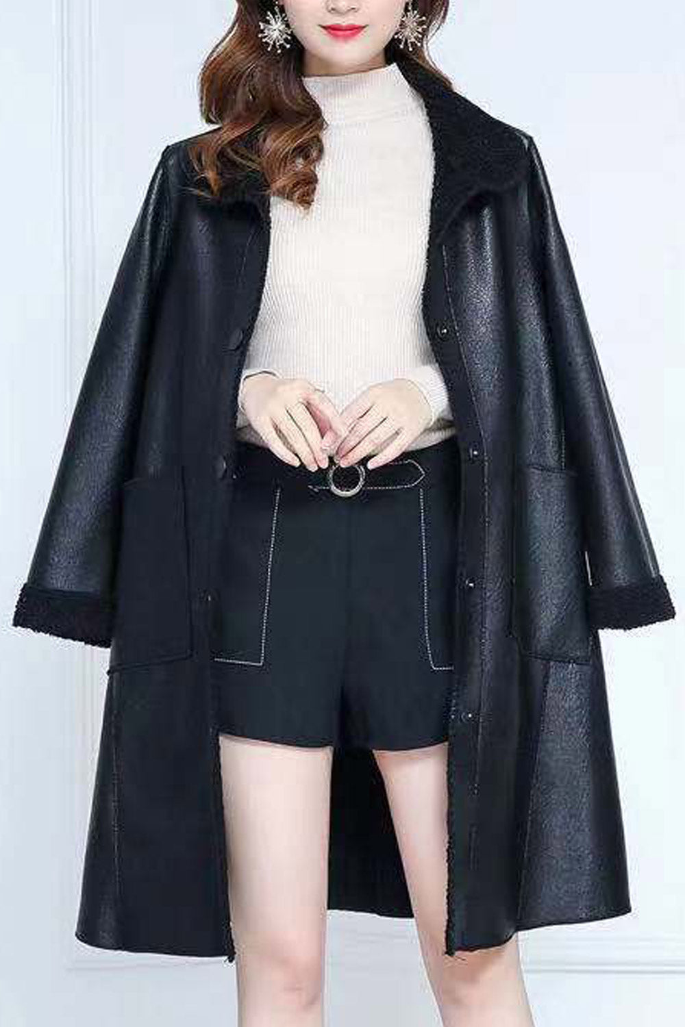 Women Long Fairy Style Collar Neck Buttoned Fastener & Patch Pocket Cozy Winter Leather Jacket
