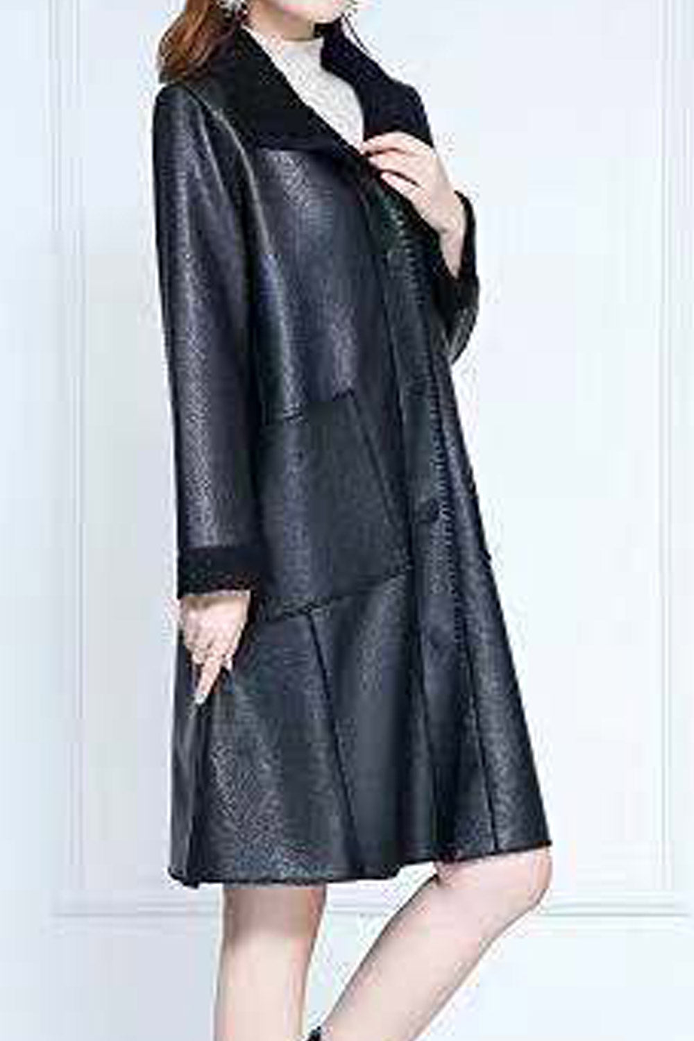 Women Long Fairy Style Collar Neck Buttoned Fastener & Patch Pocket Cozy Winter Leather Jacket