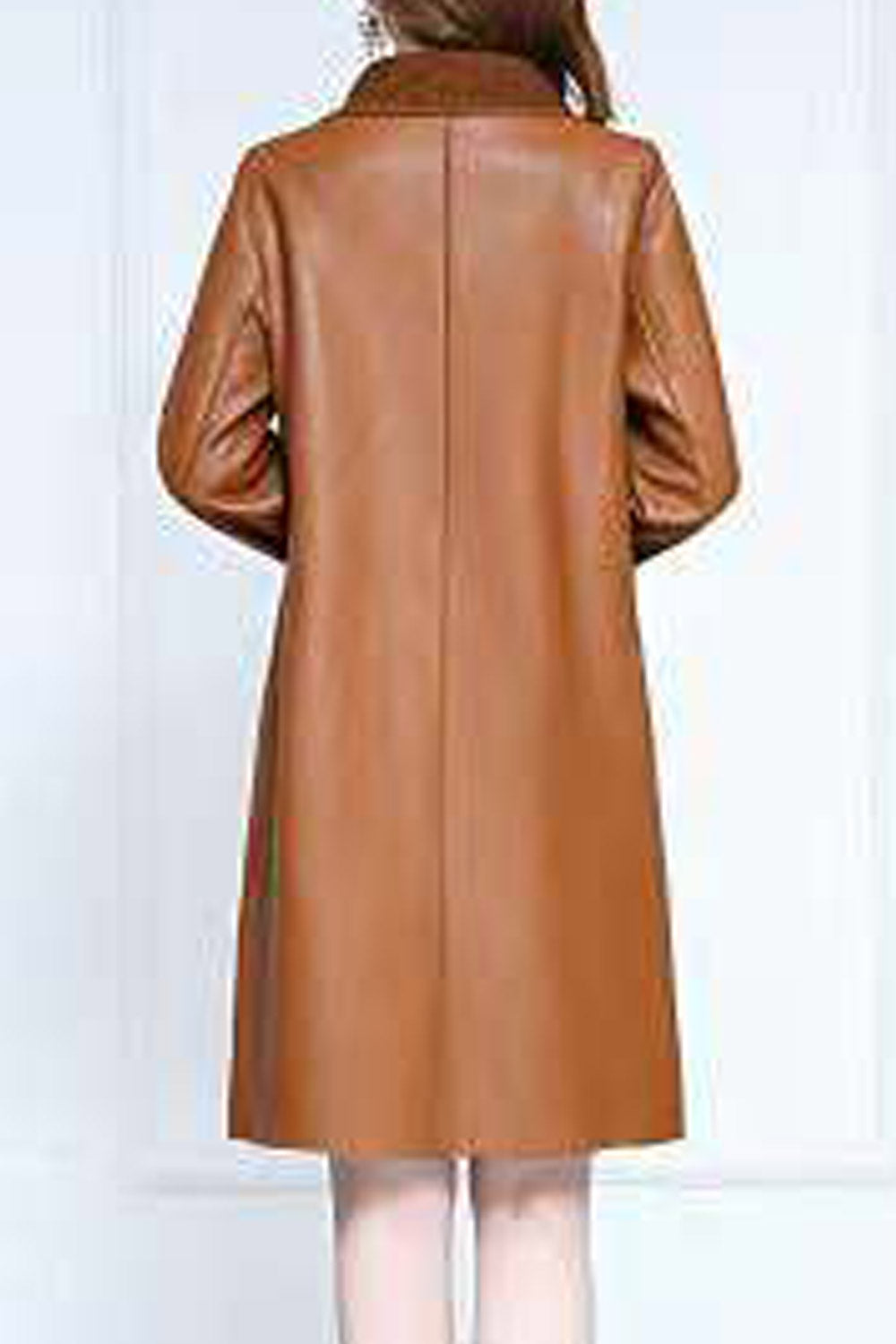Women Long Fairy Style Collar Neck Buttoned Fastener & Patch Pocket Cozy Winter Leather Jacket