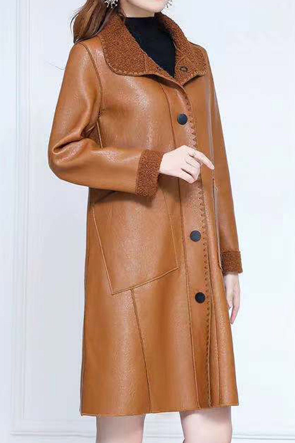 Women Long Fairy Style Collar Neck Buttoned Fastener & Patch Pocket Cozy Winter Leather Jacket