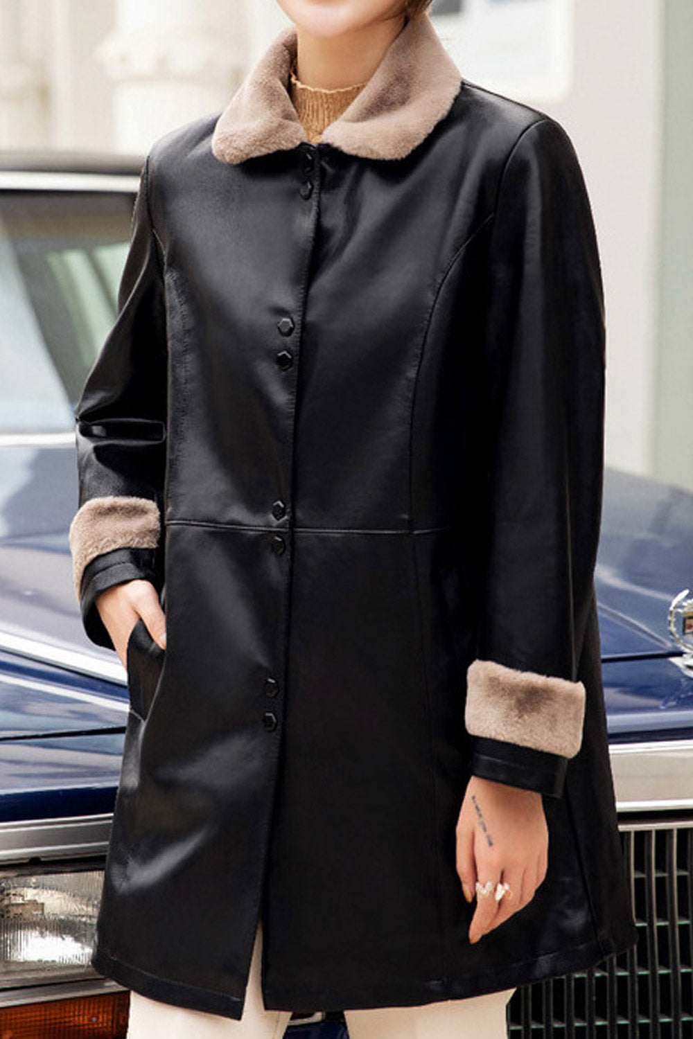 Women Perfect Collar Neck Buttoned Fastener & Slash Pocket Above Knee Warm Winter Leather Jacket