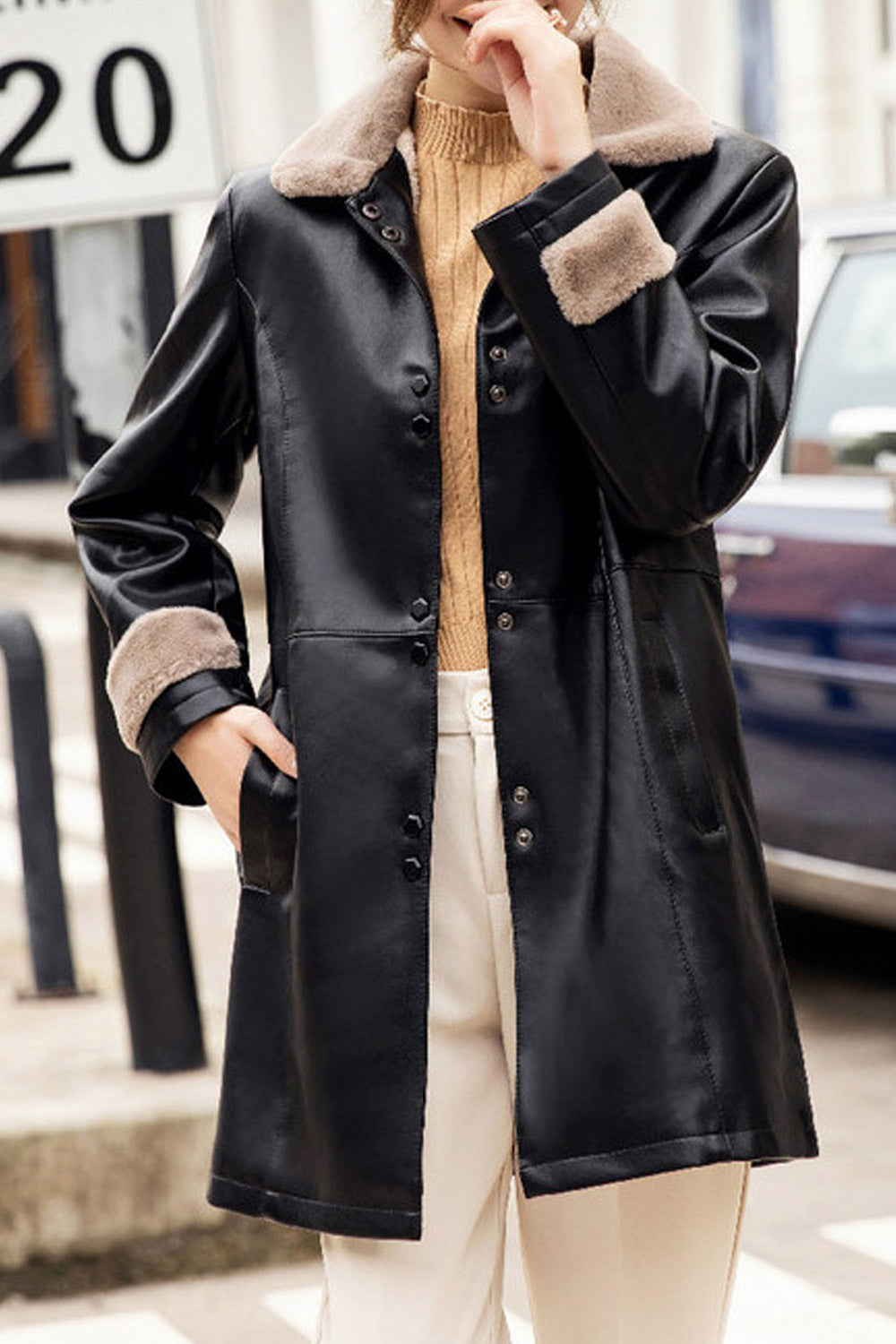 Women Perfect Collar Neck Buttoned Fastener & Slash Pocket Above Knee Warm Winter Leather Jacket