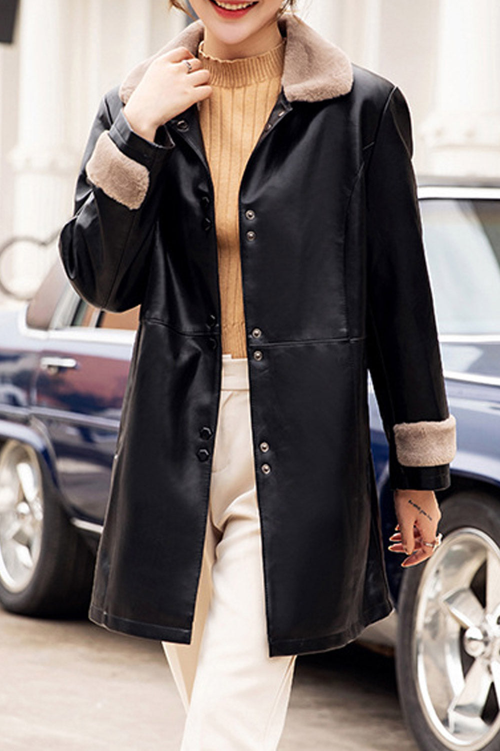 Women Perfect Collar Neck Buttoned Fastener & Slash Pocket Above Knee Warm Winter Leather Jacket