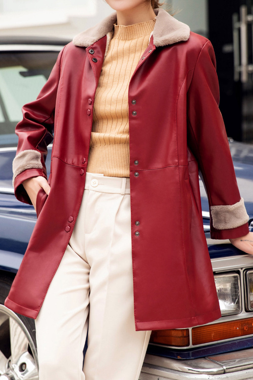 Women Perfect Collar Neck Buttoned Fastener & Slash Pocket Above Knee Warm Winter Leather Jacket